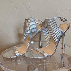 Vince Camuto Silver Metallic Pleated Ankle-Strap Heels